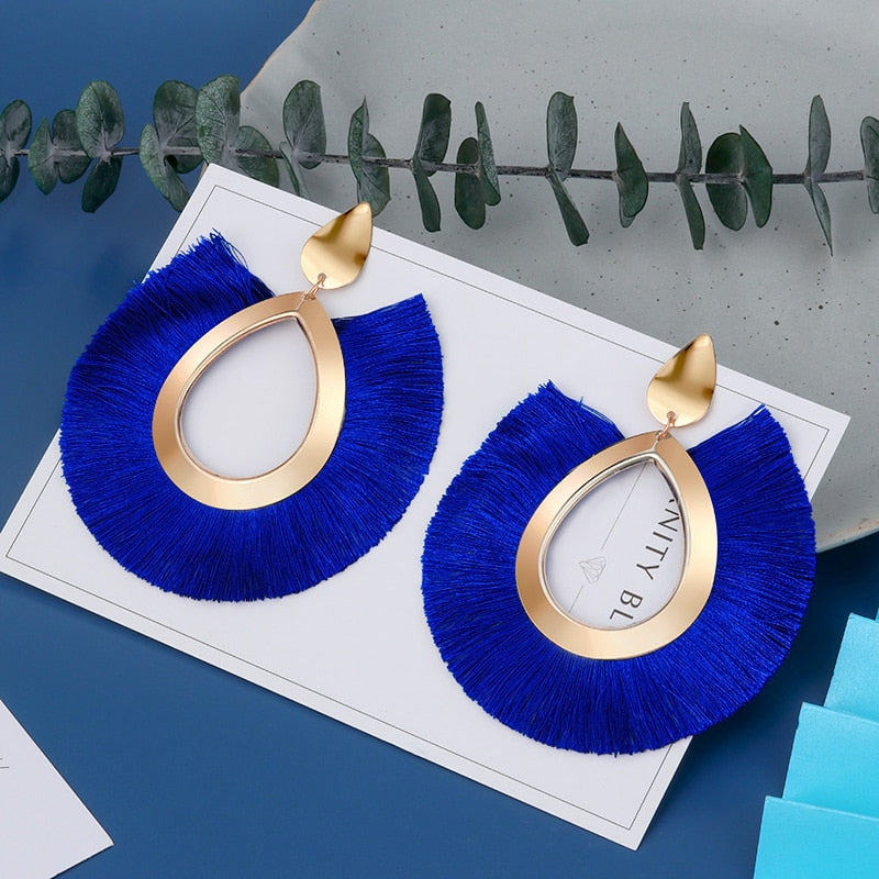 Blue Silk Fringe Boho Earrings