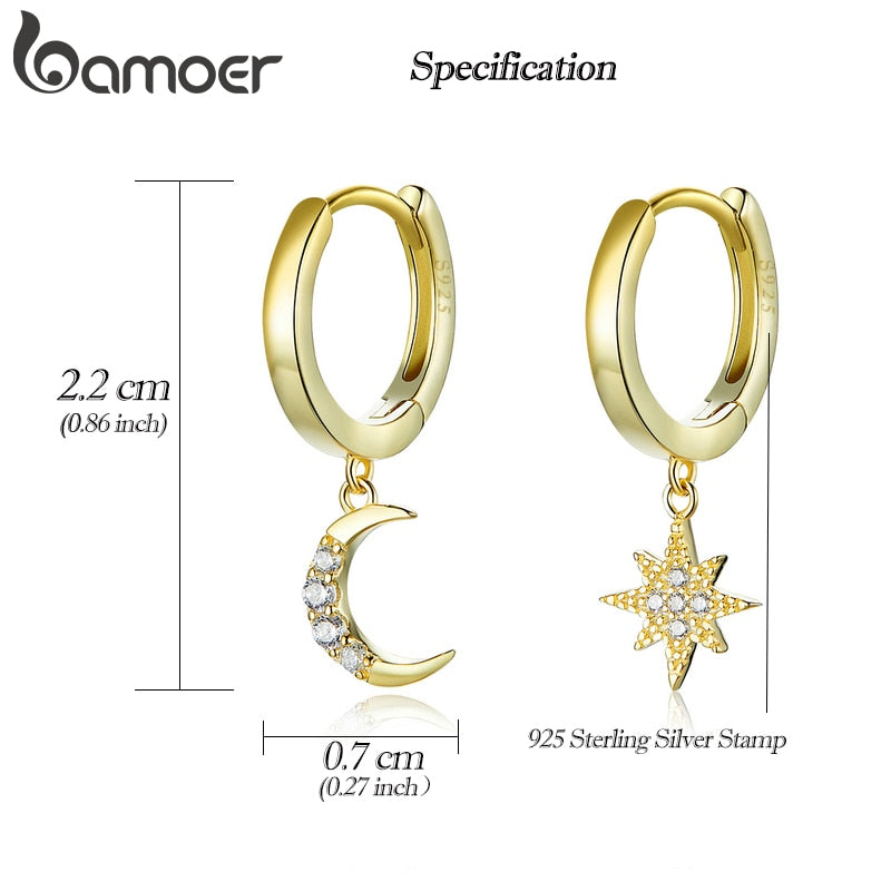 Genuine 925 Sterling Silver Moon and Star Dangle Earrings