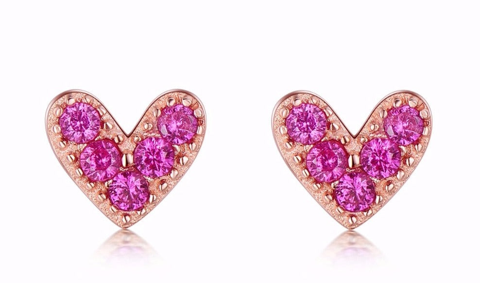 Genuine 925 Sterling Silver Heart Pink Stud Earrings
