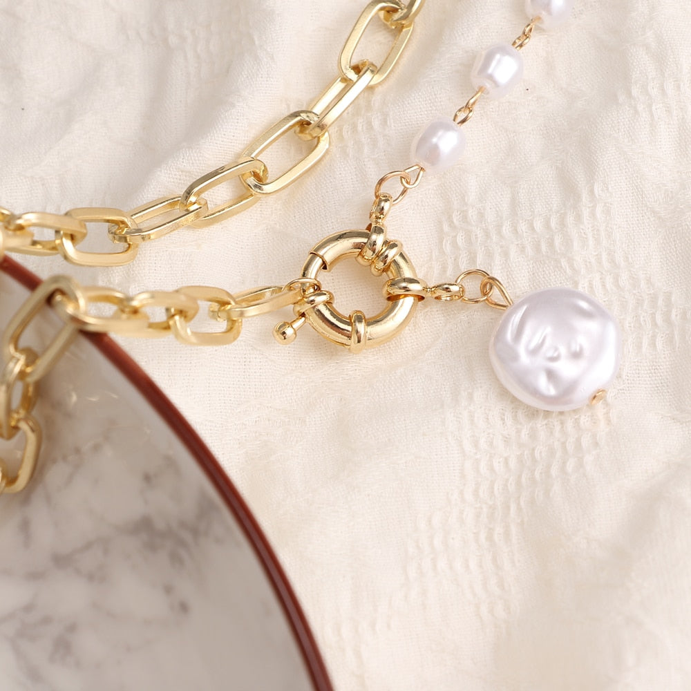 Layered Pearl Thick Chains Pendant Necklace