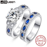 White CZ & Sapphire Solid Real 925 Sterling Silver Ring Set