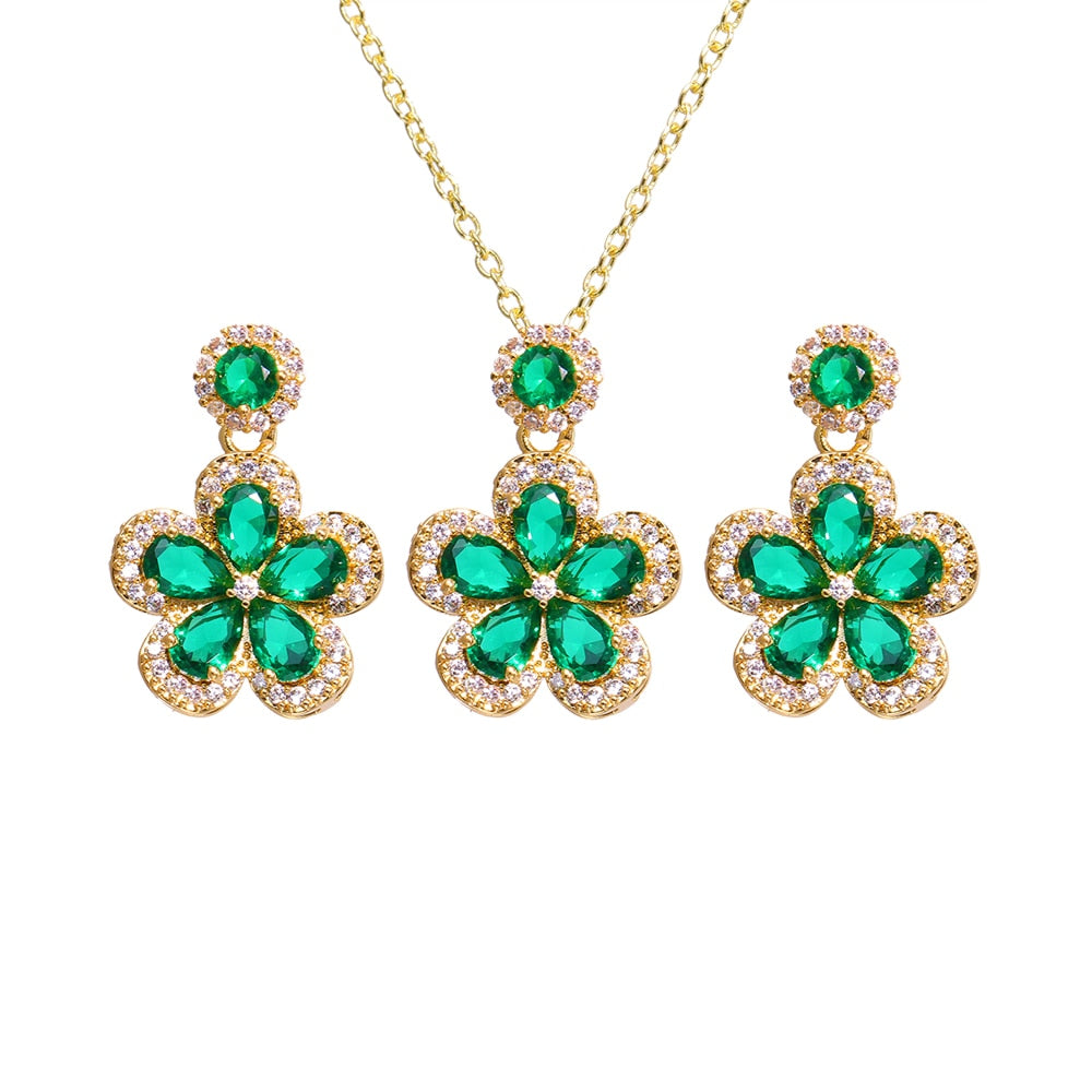 Bridal Exquisite Emerald Green Geometric Earring And Necklace Set