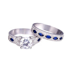 White CZ & Sapphire Solid Real 925 Sterling Silver Ring Set