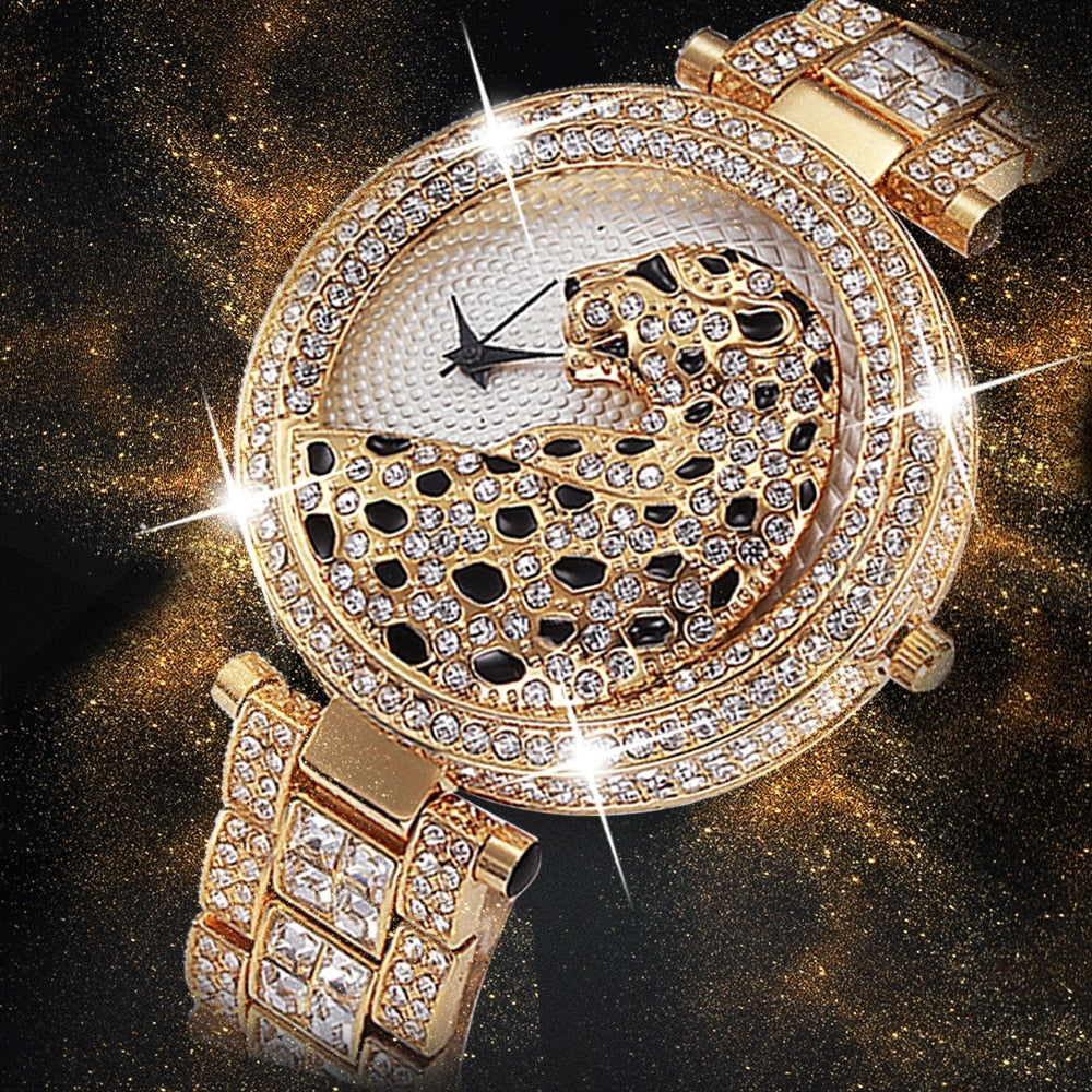 Crystal Diamond Leopard Quartz Gold Watch