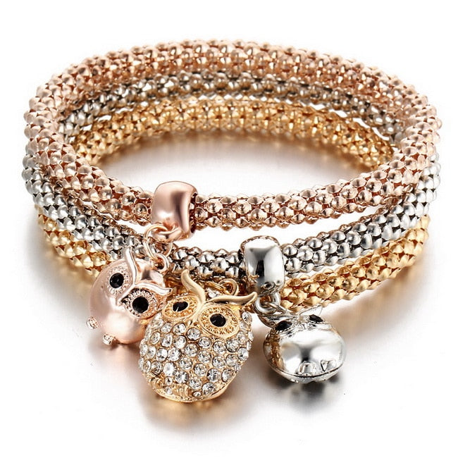 3 Pcs/Set Crystal Owl Crown Charm Bracelets